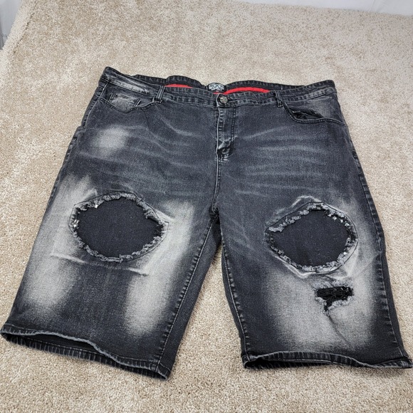 Rock Salt Distressed Denim Shorts Ripped Black Wash Knee Length Mens Size 50 - Picture 1 of 7